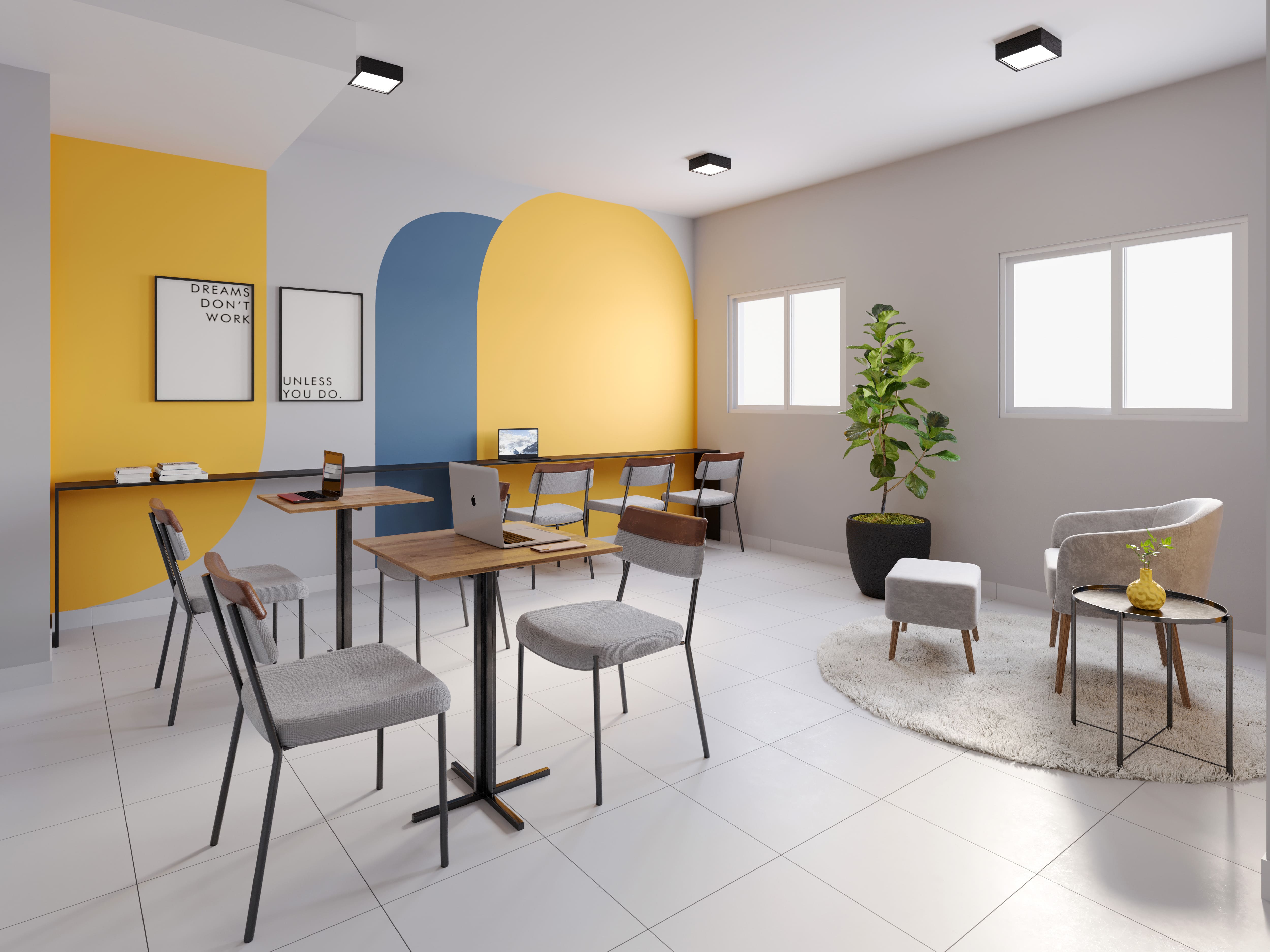 Sala integrada com mesa de jantar e canto de trabalho em ambiente de tons claros