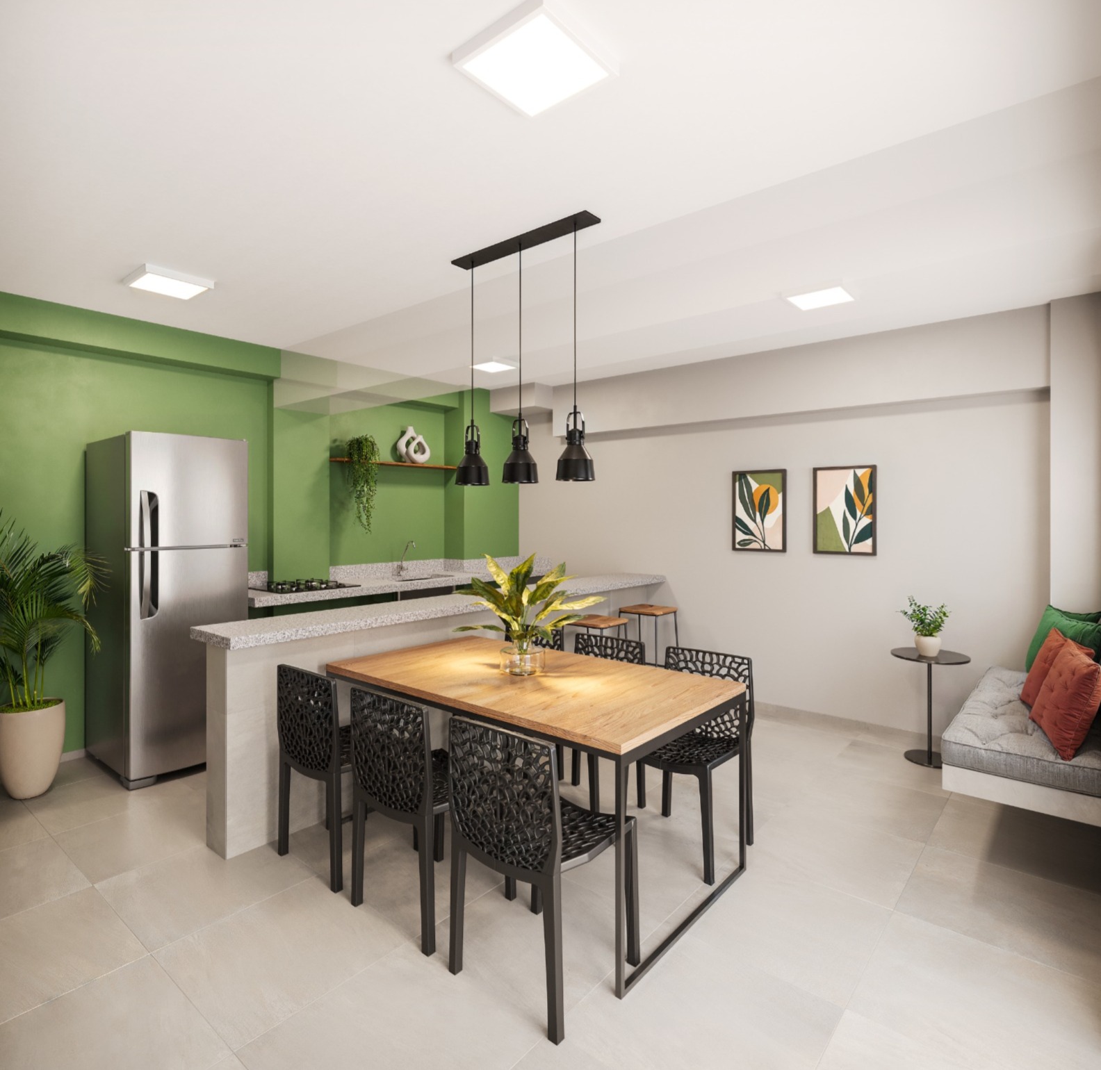 Cozinha integrada à sala de jantar de apartamento, com parede verde, mesa posta e geladeira inox