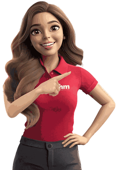 Eme, assistente virtual da HM, apontando para o botão